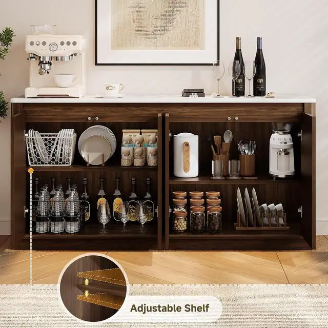 Alt view image 4 of 7 - Sideboard Buffet Cabinet with LED Light & Faux Marble Top, Walnut
