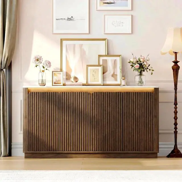 Alt view image 7 of 7 - Sideboard Buffet Cabinet with LED Light & Faux Marble Top, Walnut