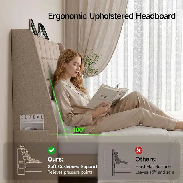 Alt view image 3 of 7 - Ergonomic Upholstered Queen Headboard wtih Charging Station, Beige