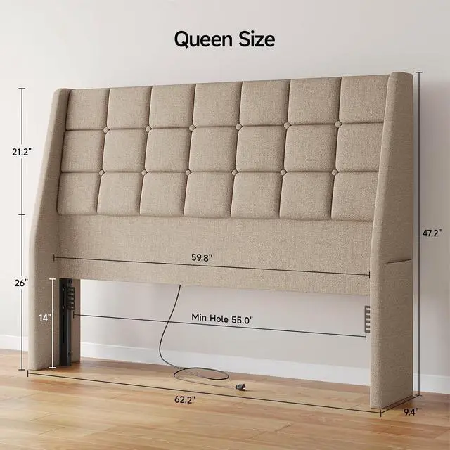 Alt view image 2 of 7 - Ergonomic Upholstered Queen Headboard wtih Charging Station, Beige