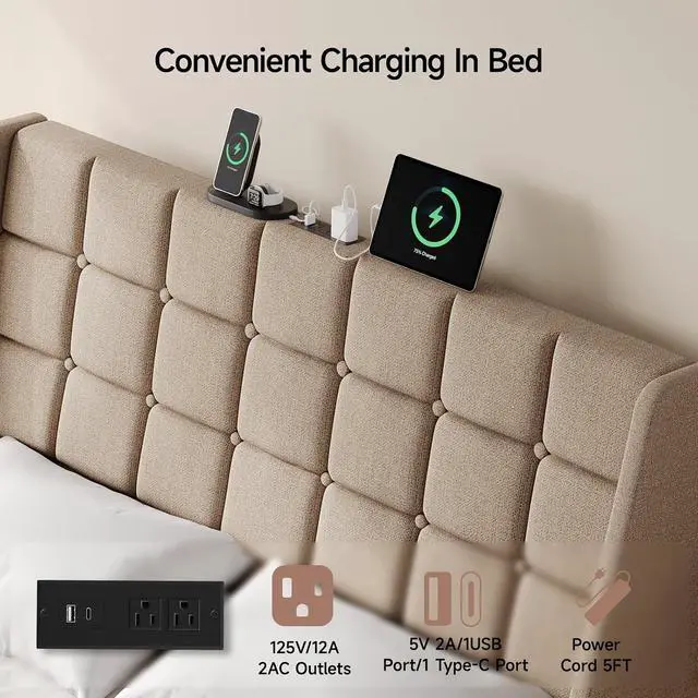 Alt view image 4 of 7 - Ergonomic Upholstered Queen Headboard wtih Charging Station, Beige