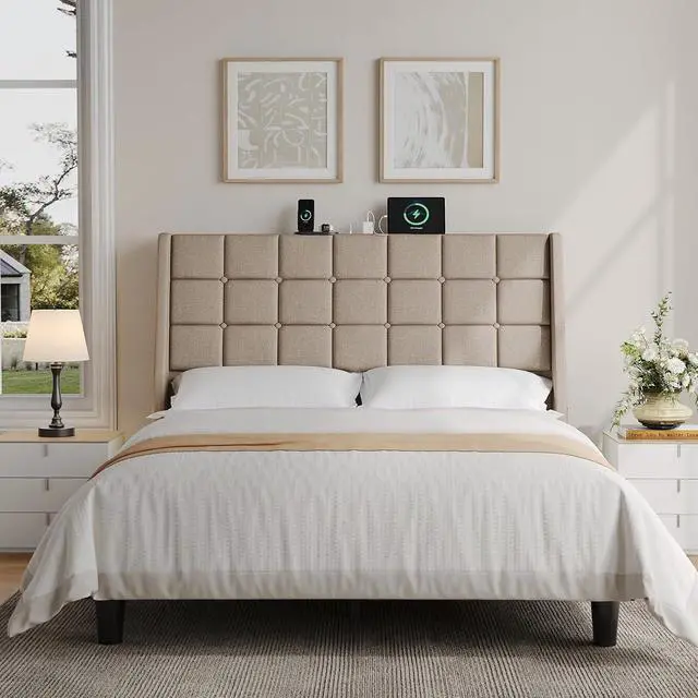 Alt view image 6 of 7 - Ergonomic Upholstered Queen Headboard wtih Charging Station, Beige