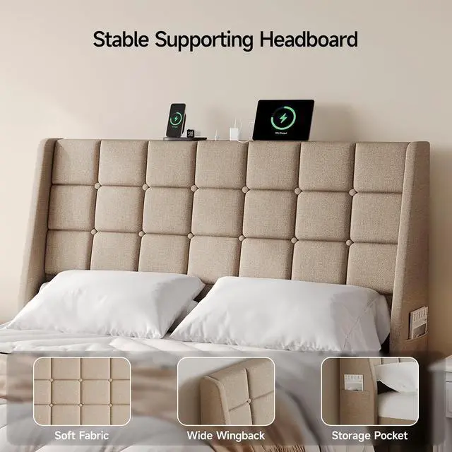 Alt view image 7 of 7 - Ergonomic Upholstered Queen Headboard wtih Charging Station, Beige