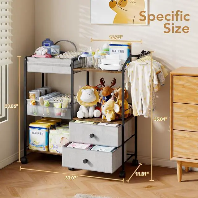 Alt view image 6 of 7 - Diaper Caddy Organizer, Baby Storage Cart with Hanging Rack, Gray