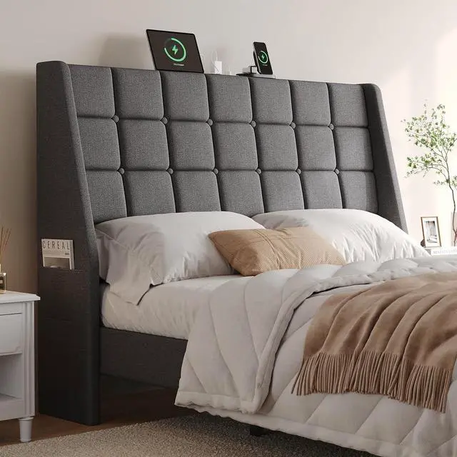 Main image of Ergonomic Upholstered Queen Headboard wtih Charging Station, Dark Grey
