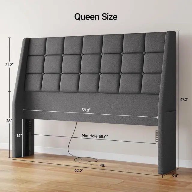 Alt view image 2 of 7 - Ergonomic Upholstered Queen Headboard wtih Charging Station, Dark Grey