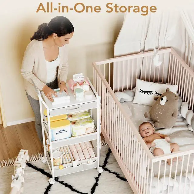Alt view image 3 of 7 - Diaper Caddy Organizer, Baby Cart with Basket and Side Pockets
