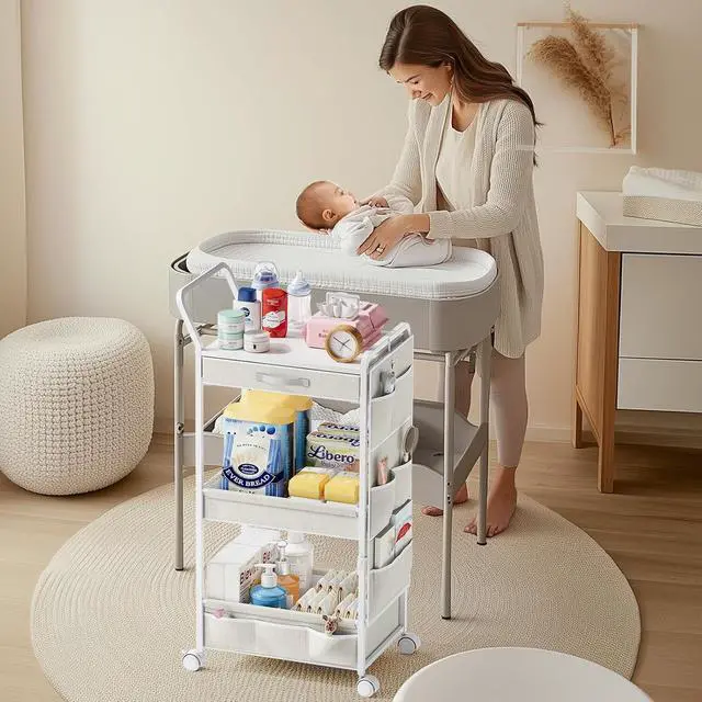 Alt view image 4 of 7 - Diaper Caddy Organizer, Baby Cart with Basket and Side Pockets