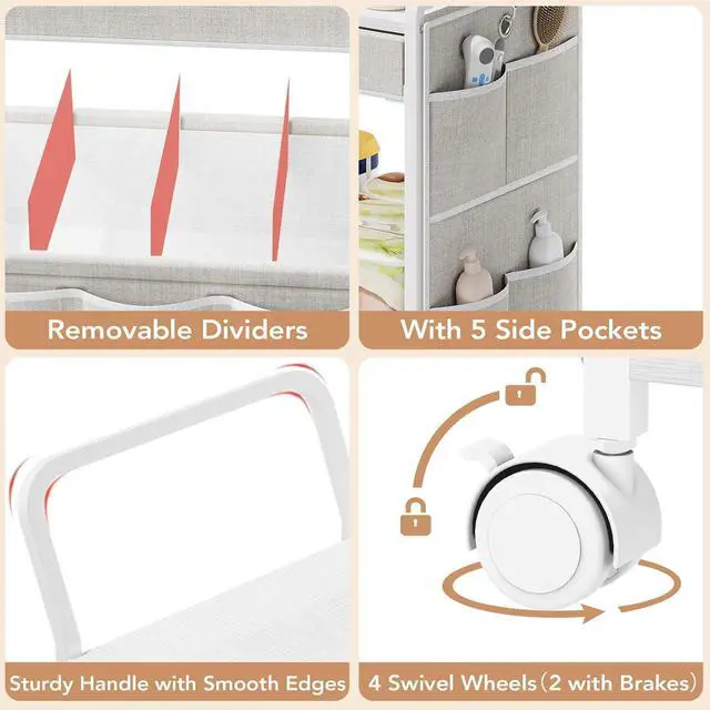 Alt view image 5 of 7 - Diaper Caddy Organizer, Baby Cart with Basket and Side Pockets