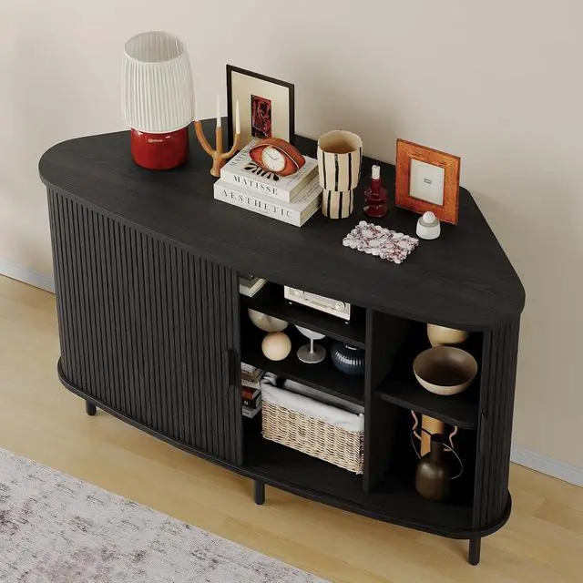 Alt view image 6 of 7 - 47 Inch Fluted Corner TV Stand for 55 Inch TVs, Black