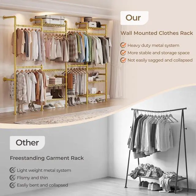 Alt view image 4 of 7 - 4-Bay Wall-Mounted Closet System, Expandable Industrial Pipe Clothing Racks