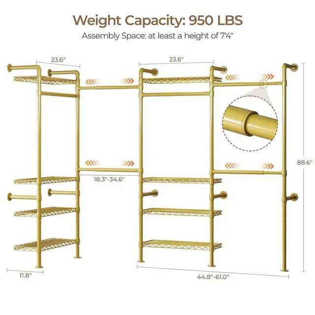 Alt view image 5 of 7 - 4-Bay Wall-Mounted Closet System, Expandable Industrial Pipe Clothing Racks