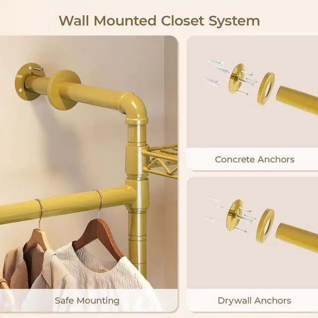Alt view image 7 of 7 - 4-Bay Wall-Mounted Closet System, Expandable Industrial Pipe Clothing Racks