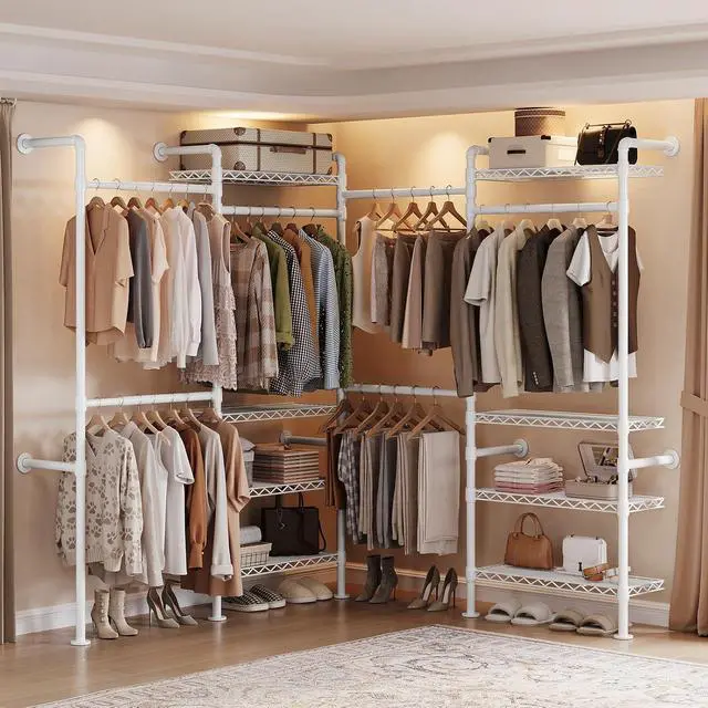 Alt view image 2 of 7 - 4-Bay Wall-Mounted Closet System, Expandable Industrial Pipe Clothing Racks
