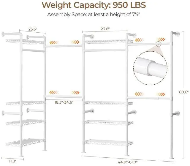Alt view image 5 of 7 - 4-Bay Wall-Mounted Closet System, Expandable Industrial Pipe Clothing Racks