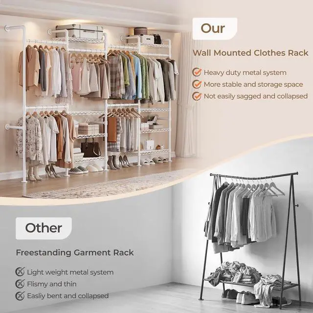 Alt view image 4 of 7 - 4-Bay Wall-Mounted Closet System, Expandable Industrial Pipe Clothing Racks