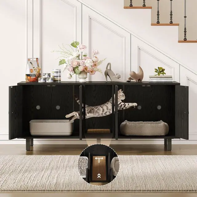 Alt view image 6 of 7 - 59 Inches Cat Litter Box Enclosure, Litter Box Furniture, Black