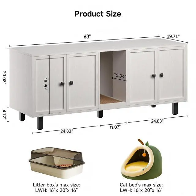 Alt view image 2 of 7 - 63 Inches Cat Litter Box Enclosure, Litter Box Furniture, White