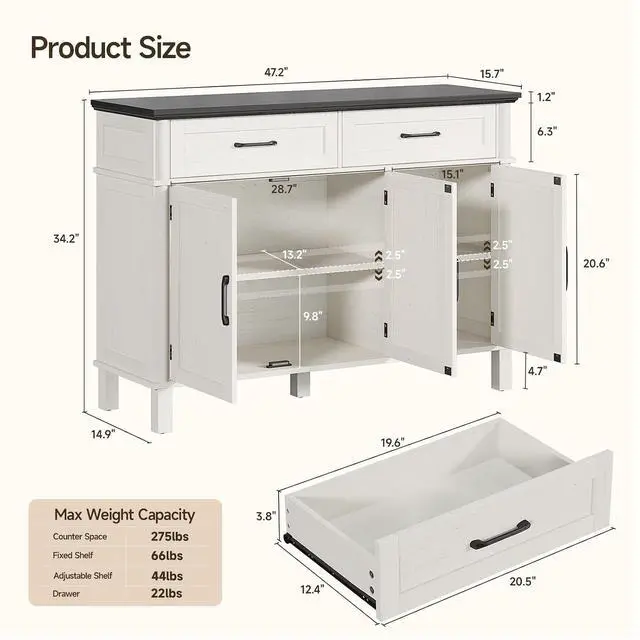 Alt view image 2 of 7 - 48 Inch Sideboard Buffet Cabinet with Storage, Off White&Black