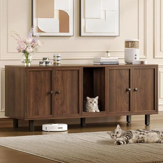 Main image of 59 Inches Cat Litter Box Enclosure, Litter Box Furniture, Walnut