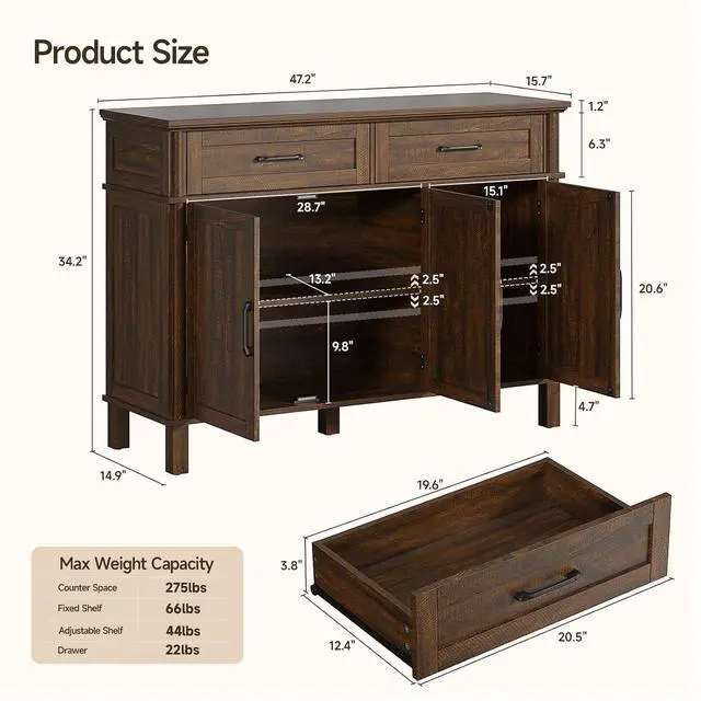 Alt view image 2 of 7 - 48 Inch Sideboard Buffet Cabinet with Storage, Brown