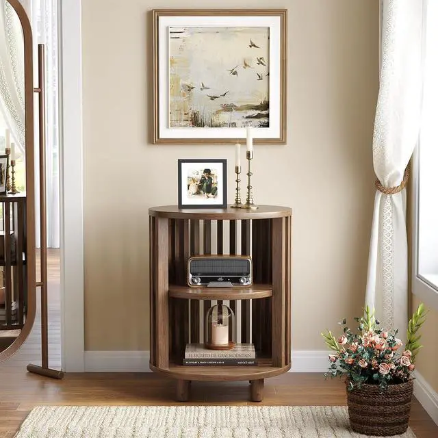Alt view image 2 of 7 - Round End Table Set of 2,Wood Side Tables for Living Room,Walnut