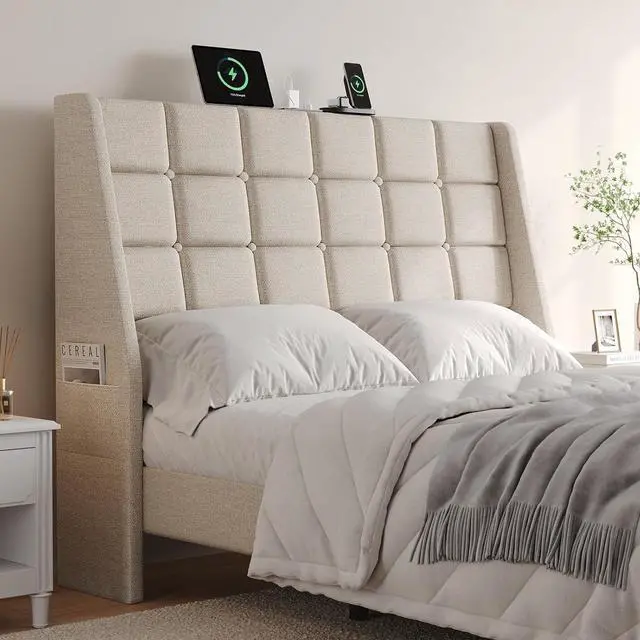 Main image of Ergonomic Upholstered Queen Headboard wtih Charging Station, Beige