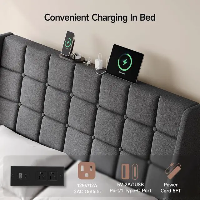 Alt view image 4 of 7 - Ergonomic Upholstered Queen Headboard wtih Charging Station, Dark Grey