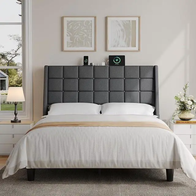 Alt view image 6 of 7 - Ergonomic Upholstered Queen Headboard wtih Charging Station, Dark Grey