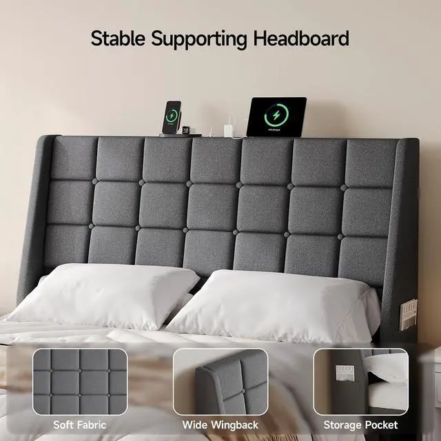 Alt view image 7 of 7 - Ergonomic Upholstered Queen Headboard wtih Charging Station, Dark Grey