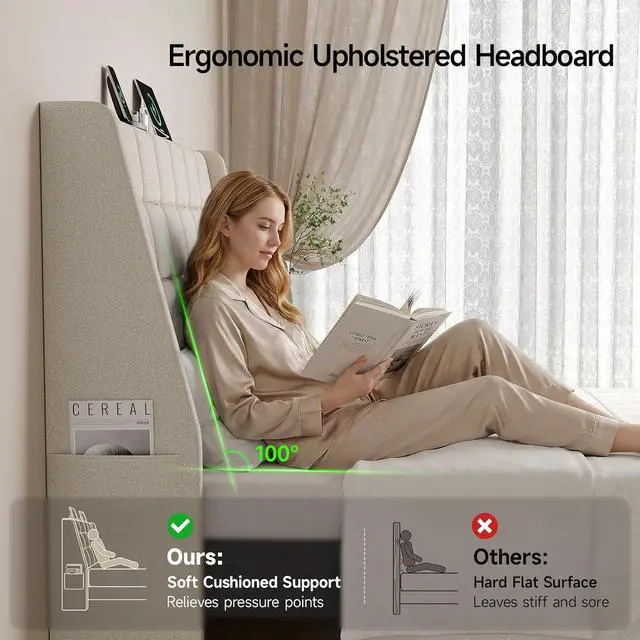 Alt view image 3 of 7 - Ergonomic Upholstered Queen Headboard wtih Charging Station, Beige