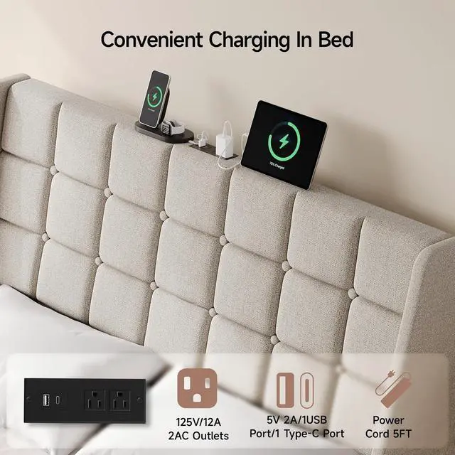 Alt view image 4 of 7 - Ergonomic Upholstered Queen Headboard wtih Charging Station, Beige