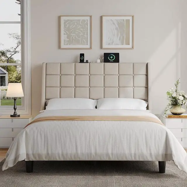 Alt view image 6 of 7 - Ergonomic Upholstered Queen Headboard wtih Charging Station, Beige