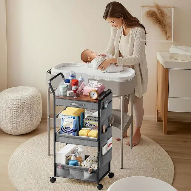 Alt view image 4 of 7 - Diaper Caddy Organizer, Baby Cart with Basket and Side Pockets