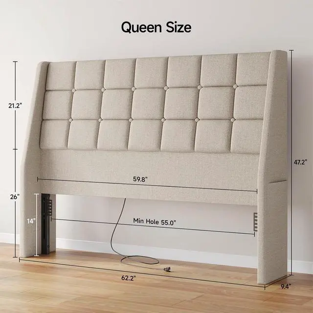 Alt view image 2 of 7 - Ergonomic Upholstered Queen Headboard wtih Charging Station, Beige