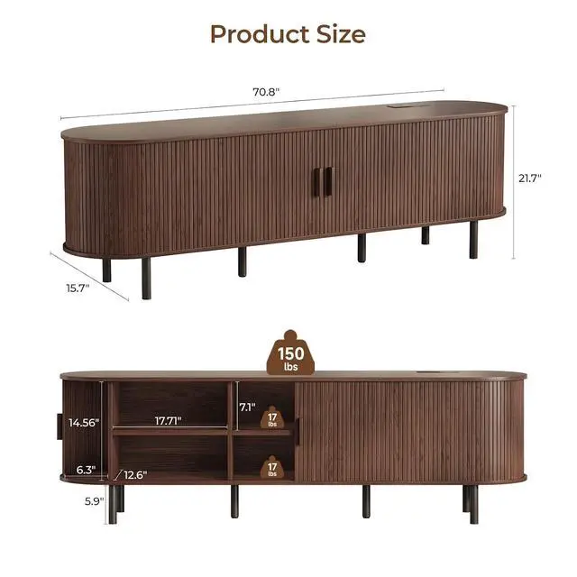 Alt view image 2 of 7 - 70.8" TV Stand with Storage & Outlets for TVs up to 80", Walnut