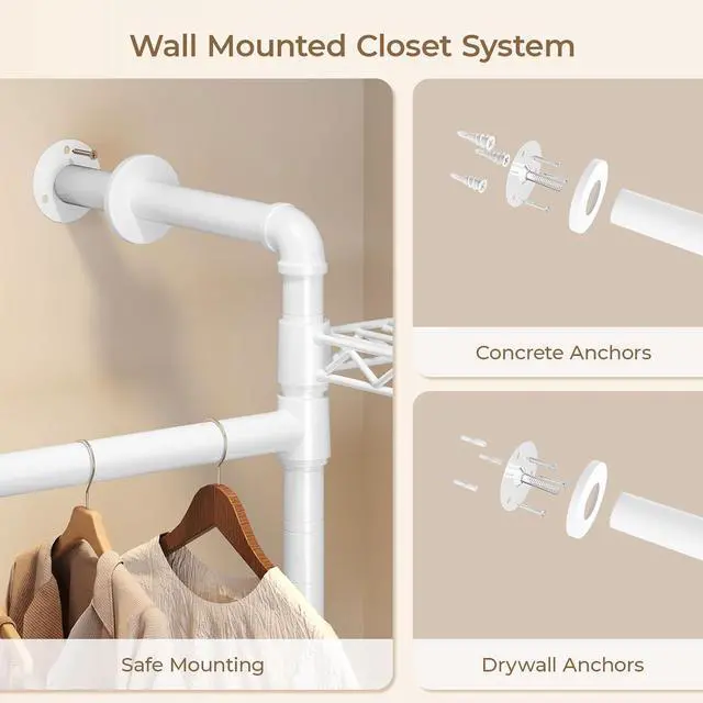 Alt view image 7 of 7 - 4-Bay Wall-Mounted Closet System, Expandable Industrial Pipe Clothing Racks