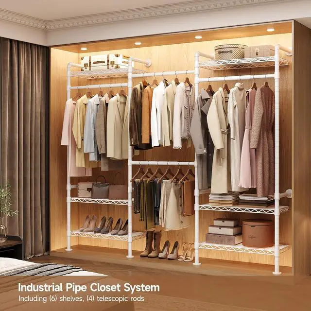 Alt view image 2 of 7 - 3-Bay Industrial Pipe Closet System, Wall Mounted Garment Racks, White