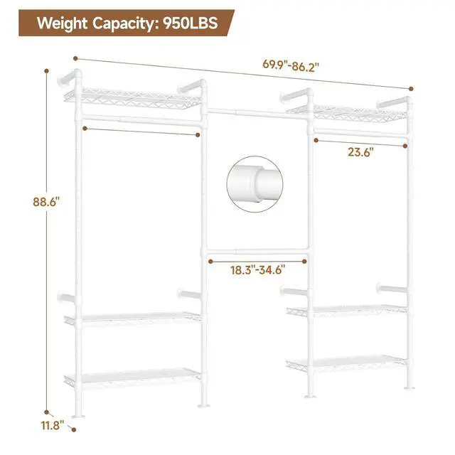 Alt view image 6 of 7 - 3-Bay Industrial Pipe Closet System, Wall Mounted Garment Racks, White
