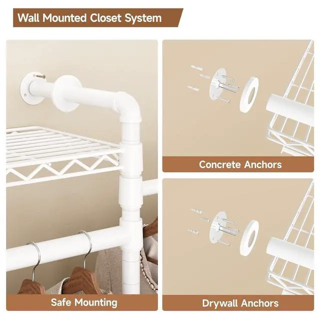 Alt view image 7 of 7 - 3-Bay Industrial Pipe Closet System, Wall Mounted Garment Racks, White