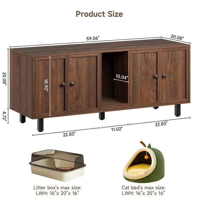 Alt view image 2 of 7 - 59 Inches Cat Litter Box Enclosure, Litter Box Furniture, Walnut