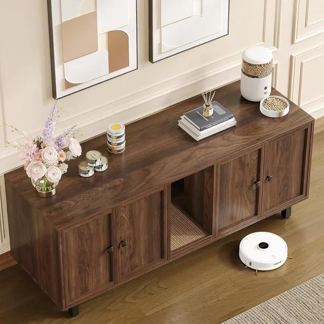 Alt view image 3 of 7 - 59 Inches Cat Litter Box Enclosure, Litter Box Furniture, Walnut
