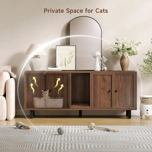 Alt view image 4 of 7 - 59 Inches Cat Litter Box Enclosure, Litter Box Furniture, Walnut