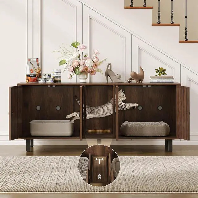 Alt view image 5 of 7 - 59 Inches Cat Litter Box Enclosure, Litter Box Furniture, Walnut