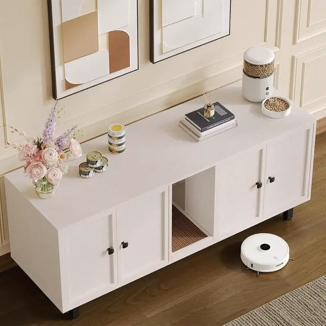 Alt view image 5 of 7 - 63 Inches Cat Litter Box Enclosure, Litter Box Furniture, White