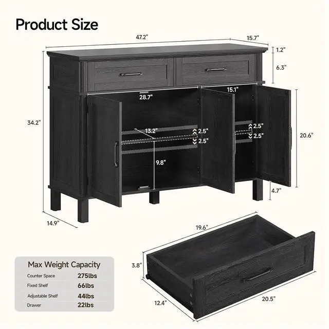 Alt view image 2 of 7 - 48 Inch Sideboard Buffet Cabinet with Storage,Black