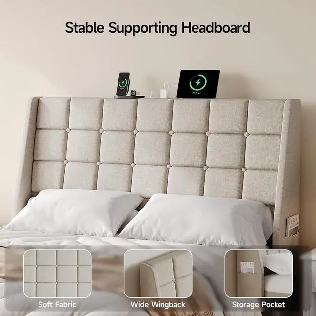 Alt view image 7 of 7 - Ergonomic Upholstered Queen Headboard wtih Charging Station, Beige