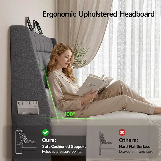 Alt view image 3 of 7 - Ergonomic Upholstered Full Size Headboard with Charging Station, Dark Grey