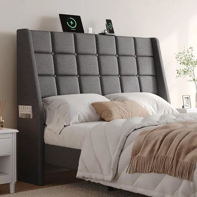 Main image of Ergonomic Upholstered Full Size Headboard with Charging Station, Dark Grey