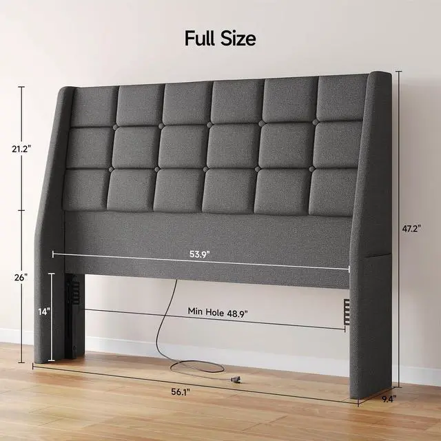 Alt view image 2 of 7 - Ergonomic Upholstered Full Size Headboard with Charging Station, Dark Grey